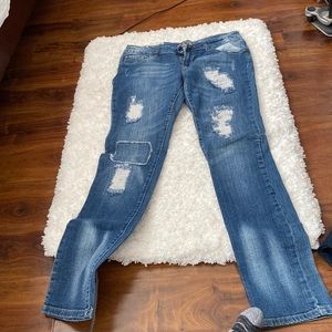 Blue jeans distressed and patchwork. Red River size 11. Very stylish!